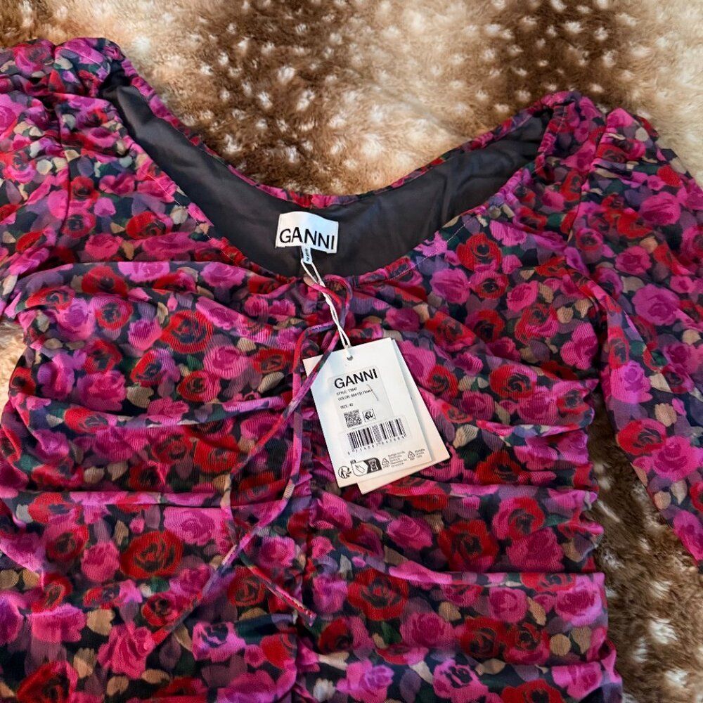 Ganni Floral Mesh Ruched Mini Dress Fiji Flower Pink Red Size EU 42 / M NWT - Picture 5 of 8